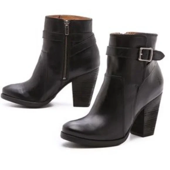 CLASSIC BLACK LEATHER FRYE BOOTS PATTY RIDING ANKLE BOOT SILVER